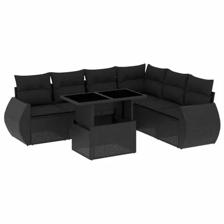 Salon de jardin 7 pcs avec coussins noir résine tressée 2
