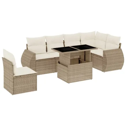 Salon de jardin avec coussins 7 pcs beige résine tressée 2