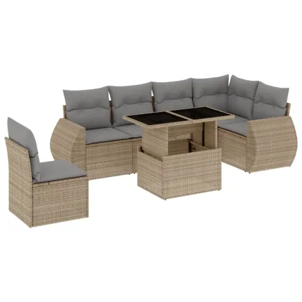 Salon de jardin avec coussins 7 pcs beige résine tressée 2