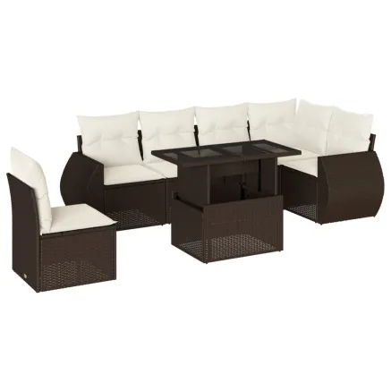 Salon de jardin avec coussins 7 pcs marron résine tressée 2