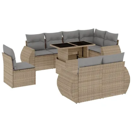 Salon de jardin avec coussins 9 pcs beige résine tressée 2