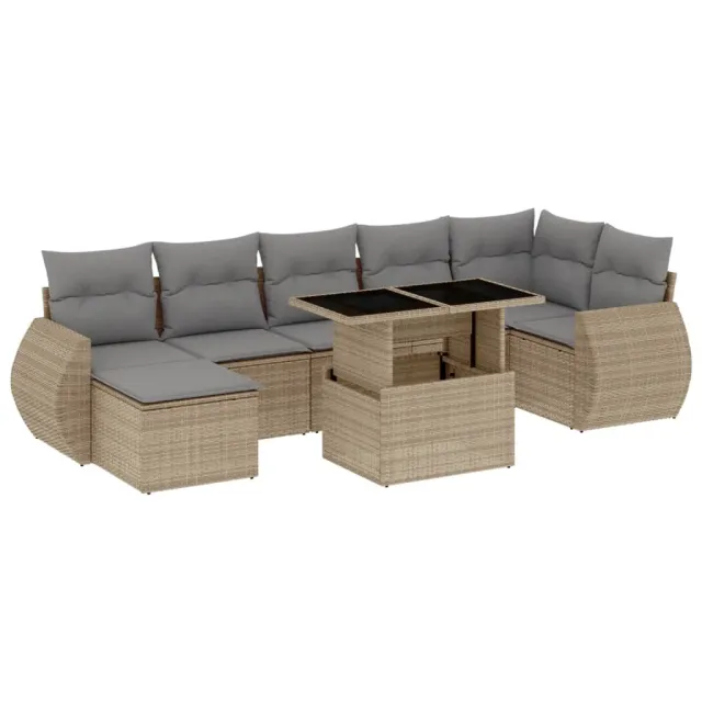 Salon de jardin avec coussins 8 pcs beige résine tressée