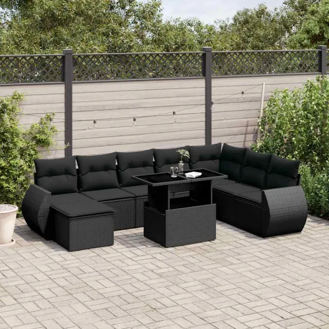 Salon de jardin 9 pcs avec coussins noir résine tressée