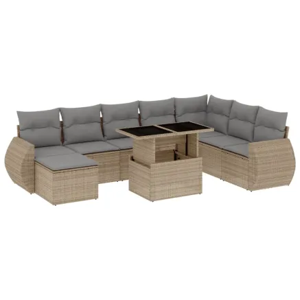 Salon de jardin avec coussins 9 pcs beige résine tressée 2