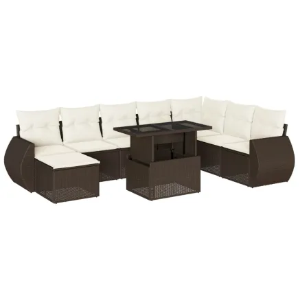 Salon de jardin avec coussins 9 pcs marron résine tressée 2