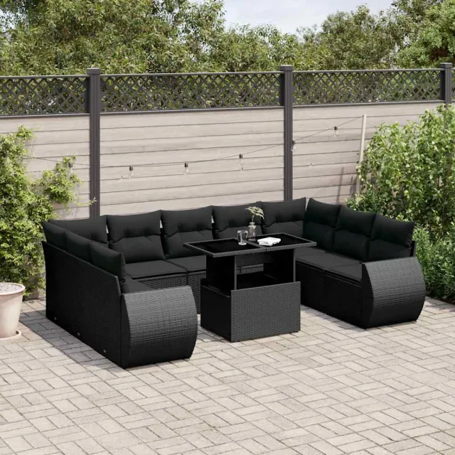 Salon de jardin 10 pcs avec coussins noir résine tressée