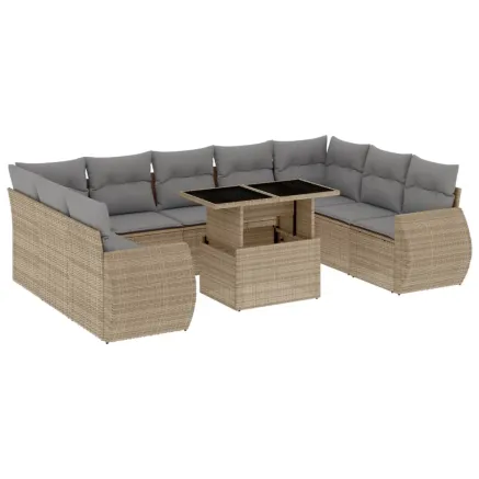 Salon de jardin avec coussins 10 pcs beige résine tressée 2