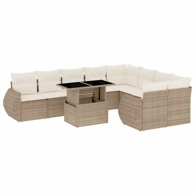 Salon de jardin avec coussins 10 pcs beige résine tressée