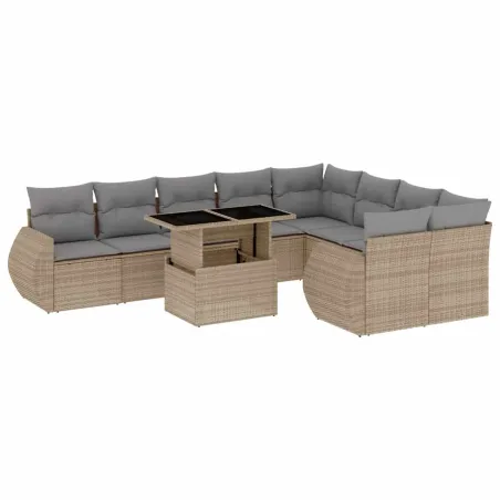 Salon de jardin avec coussins 10 pcs beige résine tressée