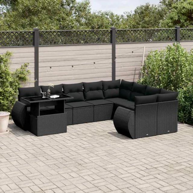Salon de jardin 10 pcs avec coussins noir résine tressée