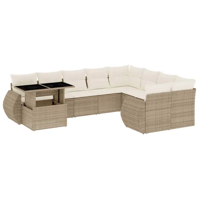 Salon de jardin avec coussins 10 pcs beige résine tressée