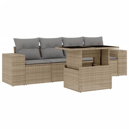 Salon de jardin avec coussins 5 pcs beige résine tressée