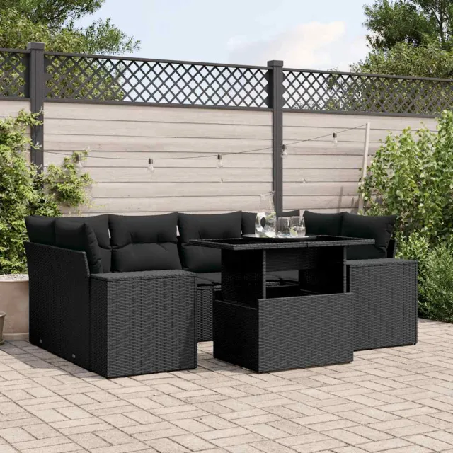 Salon de jardin 7 pcs avec coussins noir résine tressée