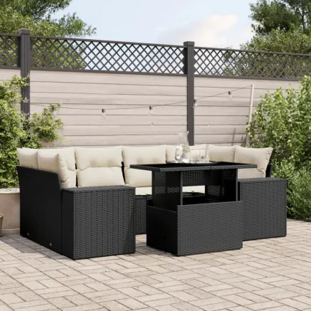 Salon de jardin 7 pcs avec coussins noir résine tressée