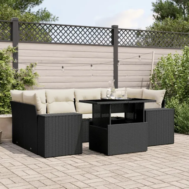 Salon de jardin 7 pcs avec coussins noir résine tressée