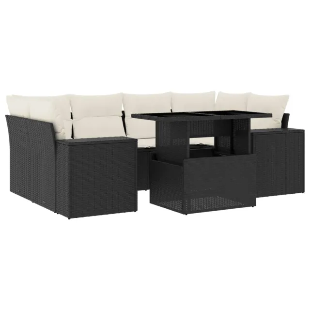 Salon de jardin 7 pcs avec coussins noir résine tressée