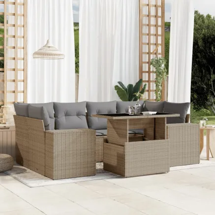Salon de jardin avec coussins 7 pcs beige résine tressée