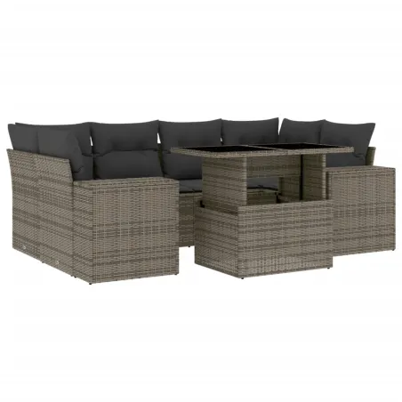 Salon de jardin avec coussins 7 pcs gris résine tressée
