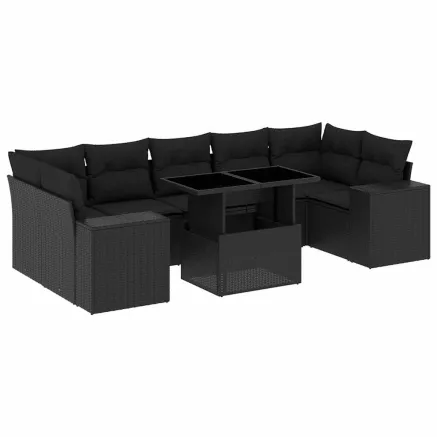 Salon de jardin 8 pcs avec coussins noir résine tressée 2