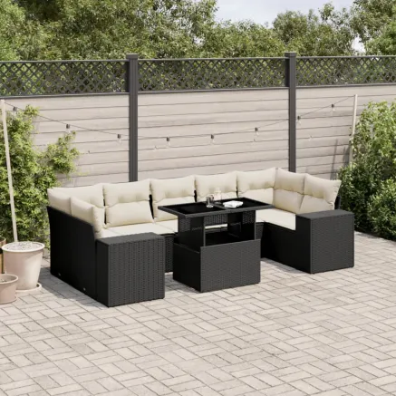 Salon de jardin 8 pcs avec coussins noir résine tressée