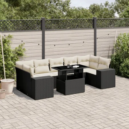 Salon de jardin 8 pcs avec coussins noir résine tressée