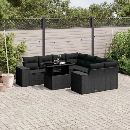 Salon de jardin 9 pcs avec coussins noir résine tressée