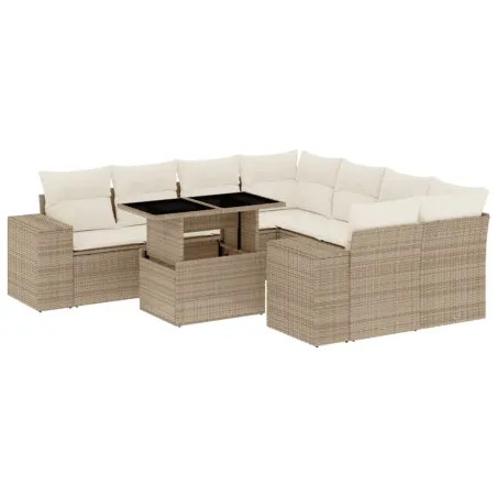 Salon de jardin avec coussins 9 pcs beige résine tressée