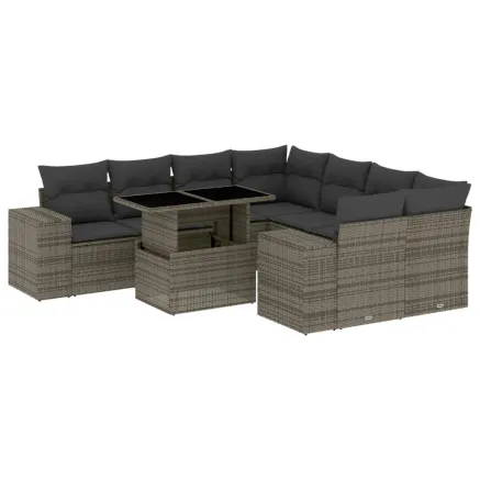 Salon de jardin 9 pcs avec coussins gris résine tressée 2