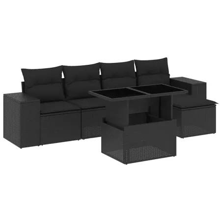 Salon de jardin 6 pcs avec coussins noir résine tressée