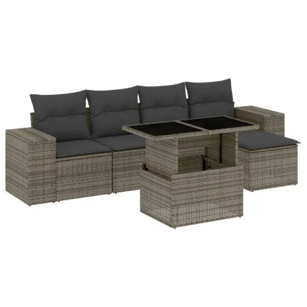 Salon de jardin 6 pcs avec coussins gris résine tressée 2