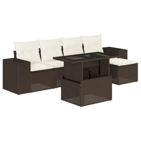 Salon de jardin avec coussins 6 pcs marron résine tressée