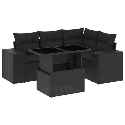 Salon de jardin 5 pcs avec coussins noir résine tressée 2