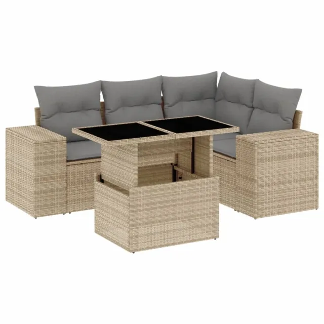 Salon de jardin avec coussins 5 pcs beige résine tressée