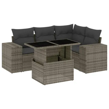 Salon de jardin 5 pcs avec coussins gris résine tressée 2