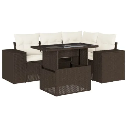 Salon de jardin avec coussins 5 pcs marron résine tressée 2
