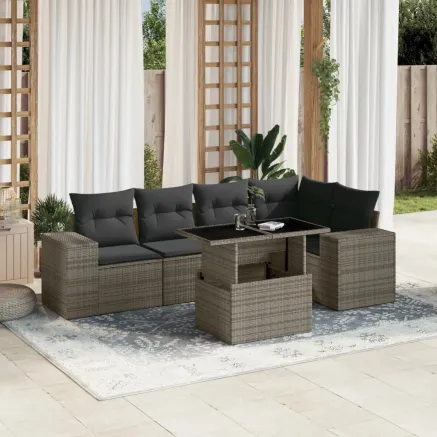 Salon de jardin 6 pcs avec coussins gris résine tressée