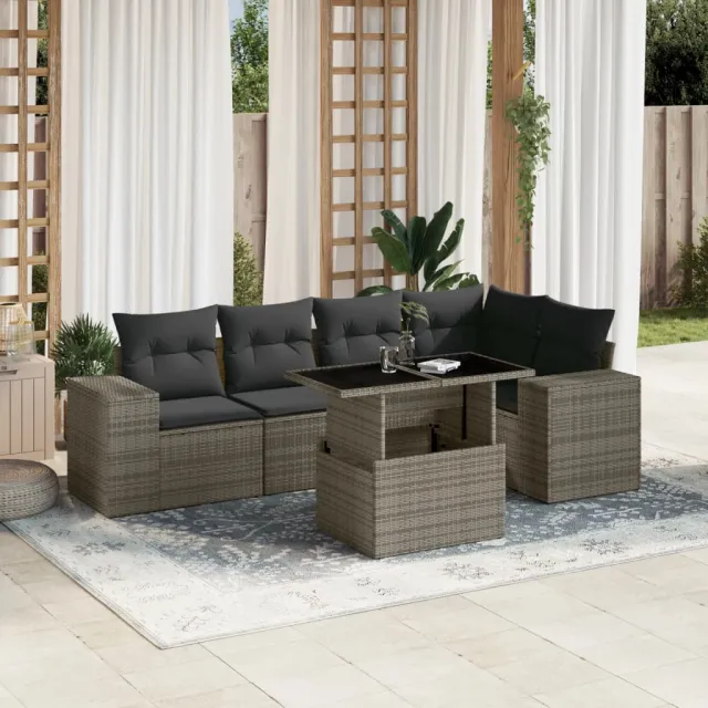 Salon de jardin 6 pcs avec coussins gris résine tressée