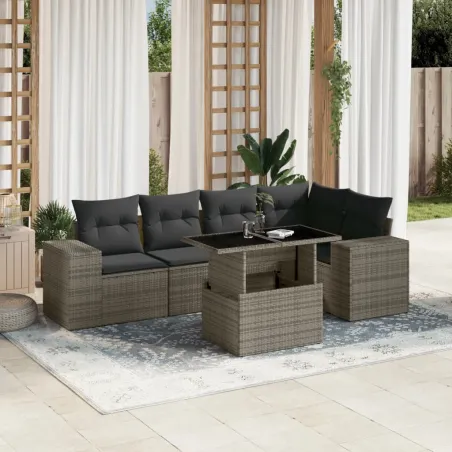 Salon de jardin 6 pcs avec coussins gris résine tressée