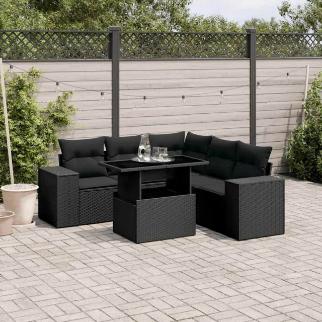 Salon de jardin 6 pcs avec coussins noir résine tressée