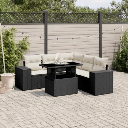 Salon de jardin 6 pcs avec coussins noir résine tressée