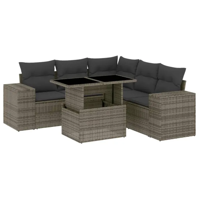 Salon de jardin 6 pcs avec coussins gris résine tressée