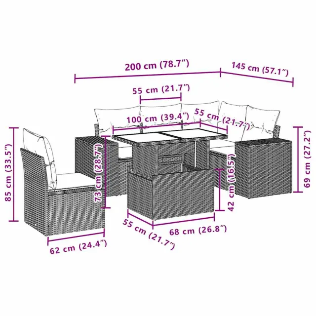 Salon de jardin 6 pcs avec coussins noir résine tressée
