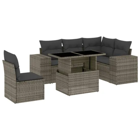 Salon de jardin 6 pcs avec coussins gris résine tressée