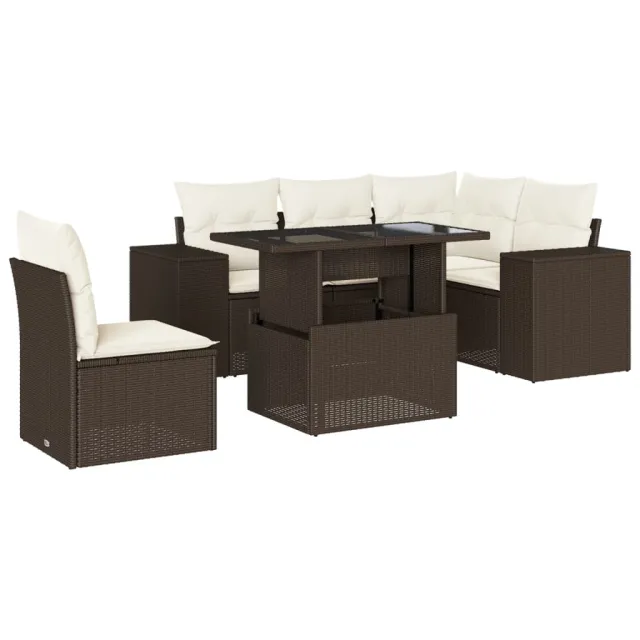 Salon de jardin avec coussins 6 pcs marron résine tressée