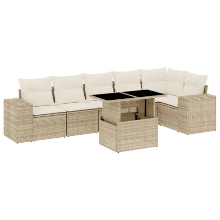 Salon de jardin avec coussins 7 pcs beige résine tressée