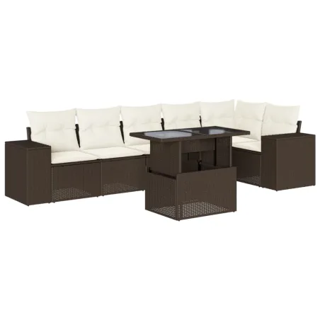 Salon de jardin avec coussins 7 pcs marron résine tressée