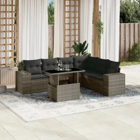 Salon de jardin avec coussins 7 pcs gris résine tressée