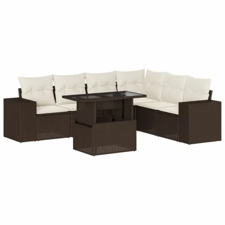 Salon de jardin avec coussins 7 pcs marron résine tressée