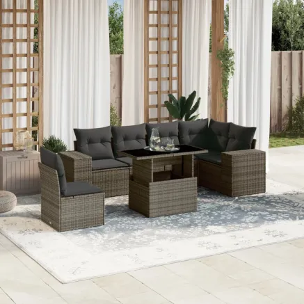 Salon de jardin avec coussins 7 pcs gris résine tressée