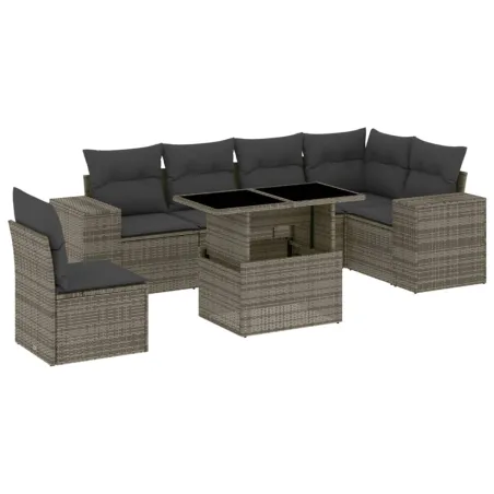 Salon de jardin avec coussins 7 pcs gris résine tressée